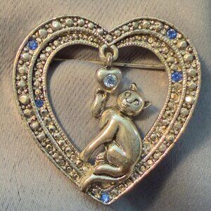 Aii Cat Heart Brooch Silver Tone Rhinestone Articulated Vintage 1.5"